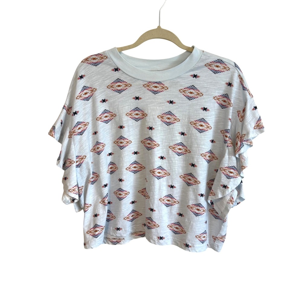 Wrangler Retro Top Women's‎ L Geometric Print Ruffle Sleeve Blouse Short Sleeve